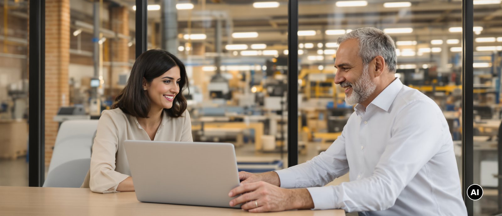 Marketing-Leiterin und Geschäftsführer prüfen die aktualisierte Website auf einem Laptop im Besprechungsraum (KI-generiertes Bild)